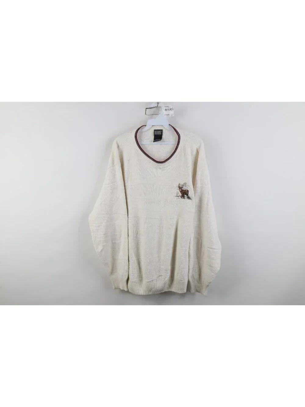 Vintage 90s Streetwear Mens Large Nature Deer Buck Knit Sweater White Cotton USA